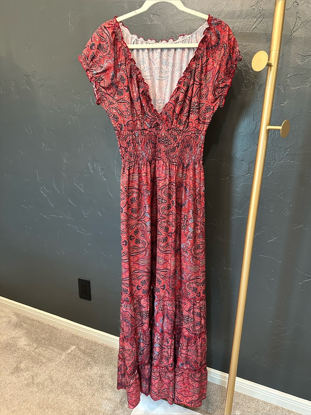 Red Paisley Maxi Dress with Smocked Waist